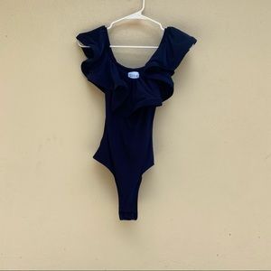 Misa Navy off shoulder ruffle bodysuit.